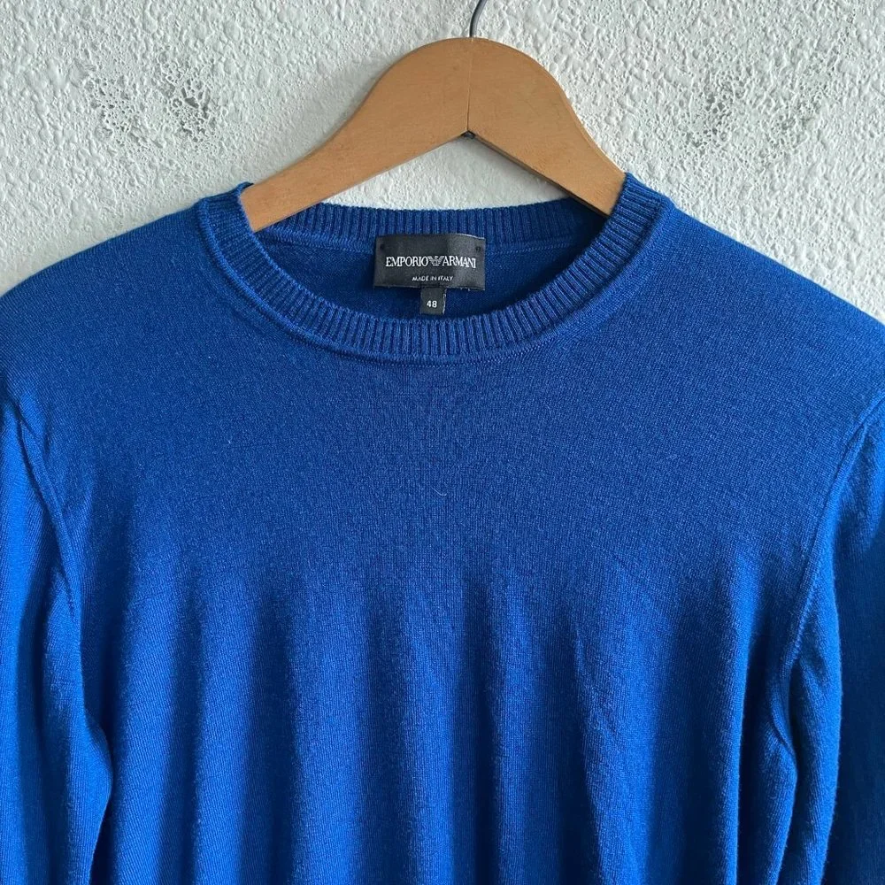 Emporio Armani Made in Italy Plain Knit Pure Virgin Wool Blue Sweater Size M
